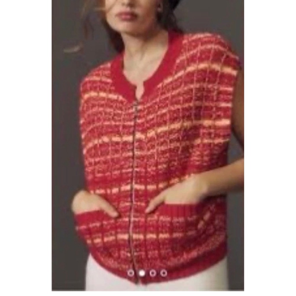 Maeve Anthropologie Womens Red Yellow Stripes Full Zip Chunky Knit Sweater Vest